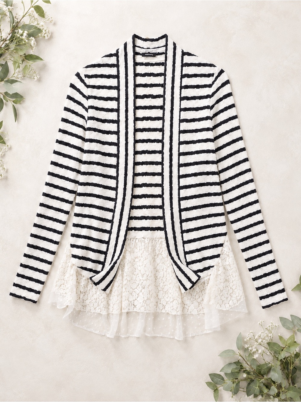 Anthropologie Postmark Black & White Striped Open Cardigan Lace Hem Large